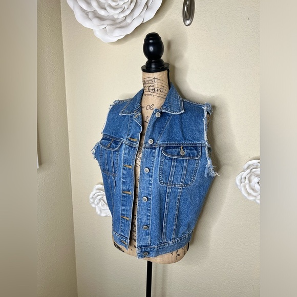 Vintage Gitano Medium Blue Wash Denim Frayed Sleeves Trucker Vest Sz Small - Picture 5 of 14